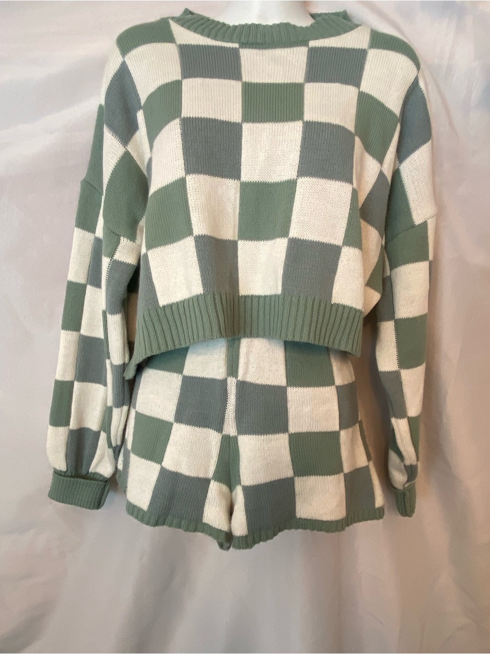 Nasty Gal 2 Piece Sage Green & Cream Checkerboard Knit Crop Sweater & Shorts Set